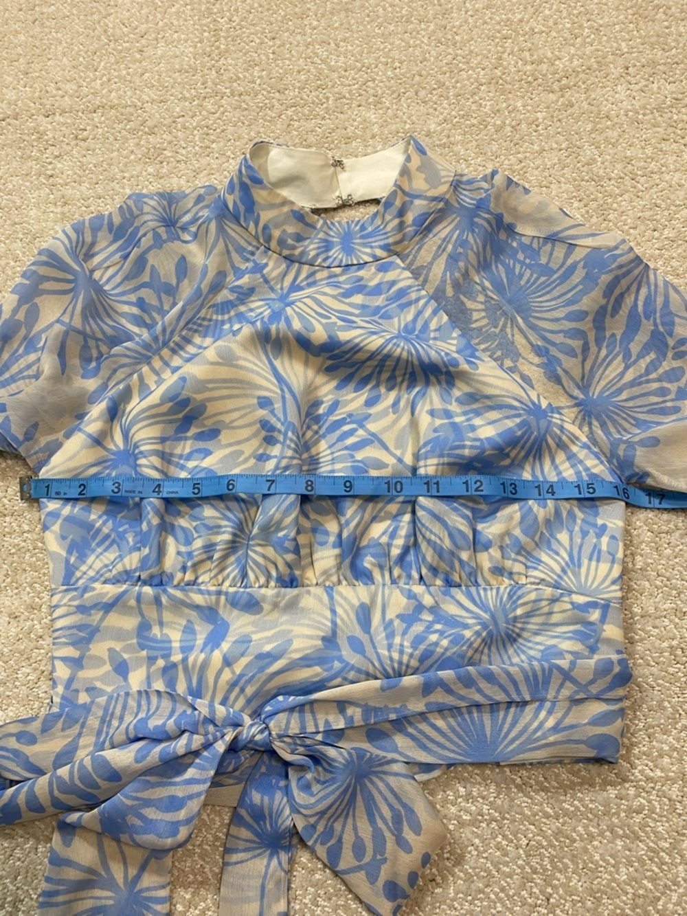 Amanda Uprichard Light Blue Floral Sheer Tie-Waist Crop Top Size S - Picture 13 of 16